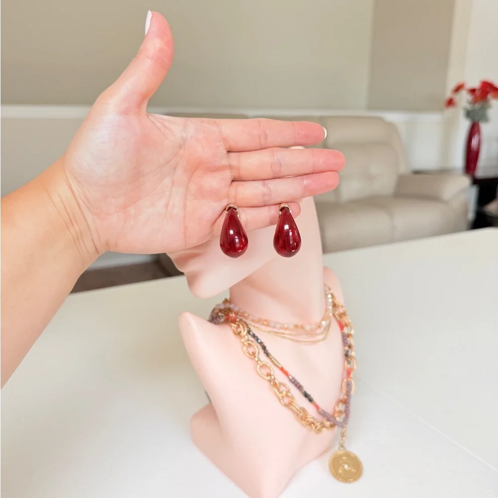 Gold Red Teardrop Drop Earrings - Women Jewelry